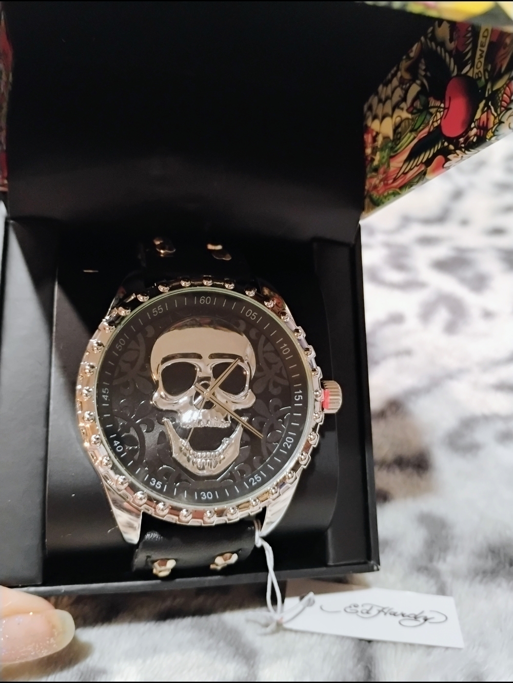 Ed Hardy Silver Skull Dial Men's Watch with Black Strap